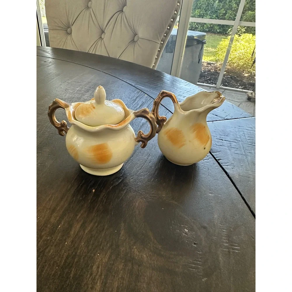 Vintage Mini Creamer Sugar Bowl Set Hand Painted Fruit Gold Trim Porcelain Japan